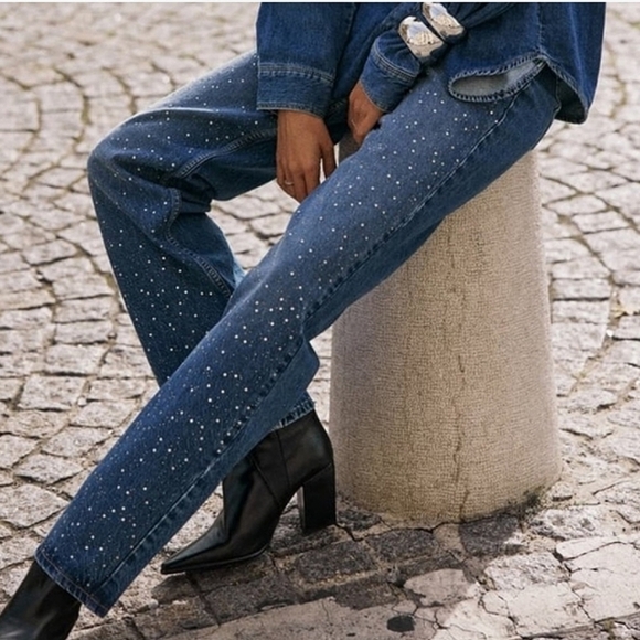 Zara Jewel BEADED JEANS  HIGH WAIST Blue - Picture 12 of 16